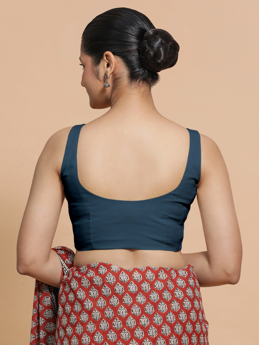 Nisha x Rozaana Saree Blouse, in Blue Linen, featuring sleeveless and round neckline, made for daily & work (view 2).