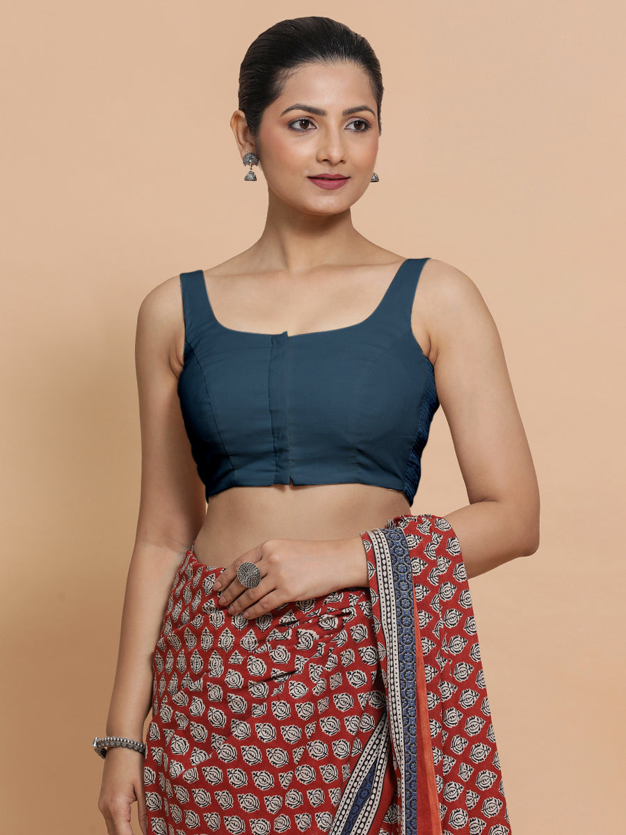 Nisha x Rozaana Saree Blouse, in Blue Linen, featuring sleeveless and round neckline, made for daily & work (view 4).