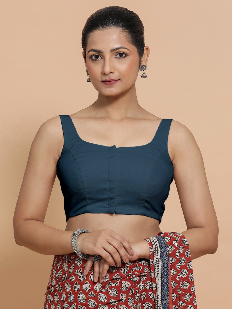 Nisha x Rozaana Saree Blouse, in Blue Linen, featuring sleeveless and round neckline, made for daily & work (view 6).