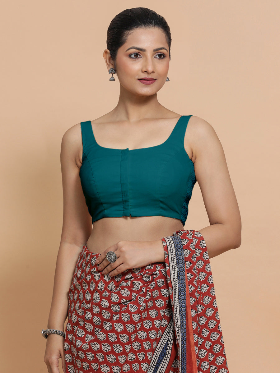 Nisha x Rozaana Saree Blouse, in Blue Linen, featuring sleeveless and round neckline, made for daily & work (view 5).