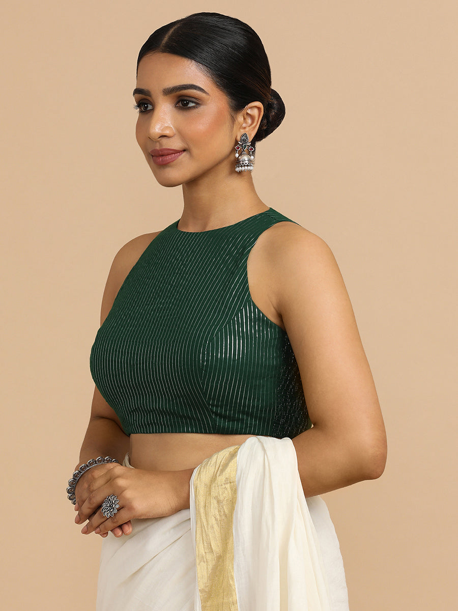 Nitu x Rozaana Saree Blouse, in Green 100% Cotton & Lurex, featuring sleeveless and jewel neckline, made for party & festive.