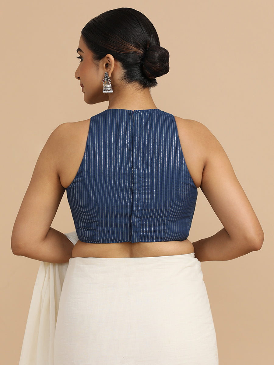 Nitu x Rozaana Saree Blouse, in Blue 100% Cotton & Lurex, featuring sleeveless and jewel neckline, made for party & festive.