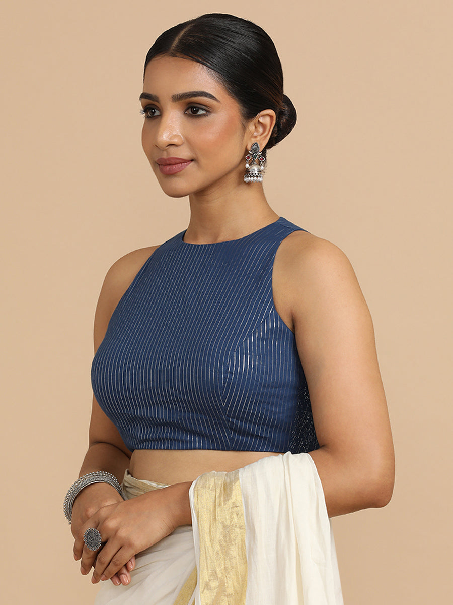 Nitu x Rozaana Saree Blouse, in Blue 100% Cotton & Lurex, featuring sleeveless and jewel neckline, made for party & festive.