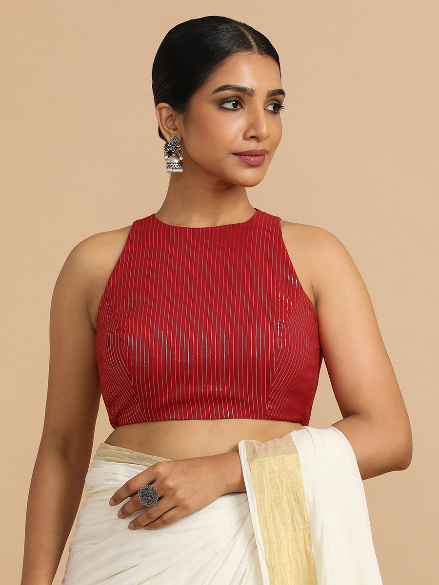 Nitu x Rozaana Saree Blouse, in Red 100% Cotton & Lurex, featuring sleeveless and jewel neckline, made for party & festive.