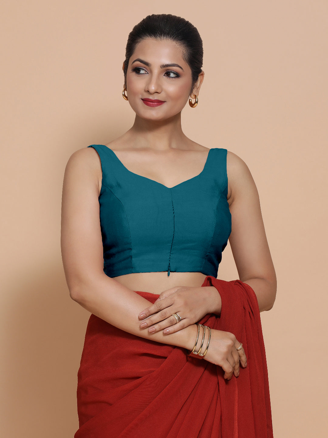Nitya x Rozaana Saree Blouse, in Blue Viscose, featuring sleeveless and sweetheart neckline, made for daily & work (view 6).