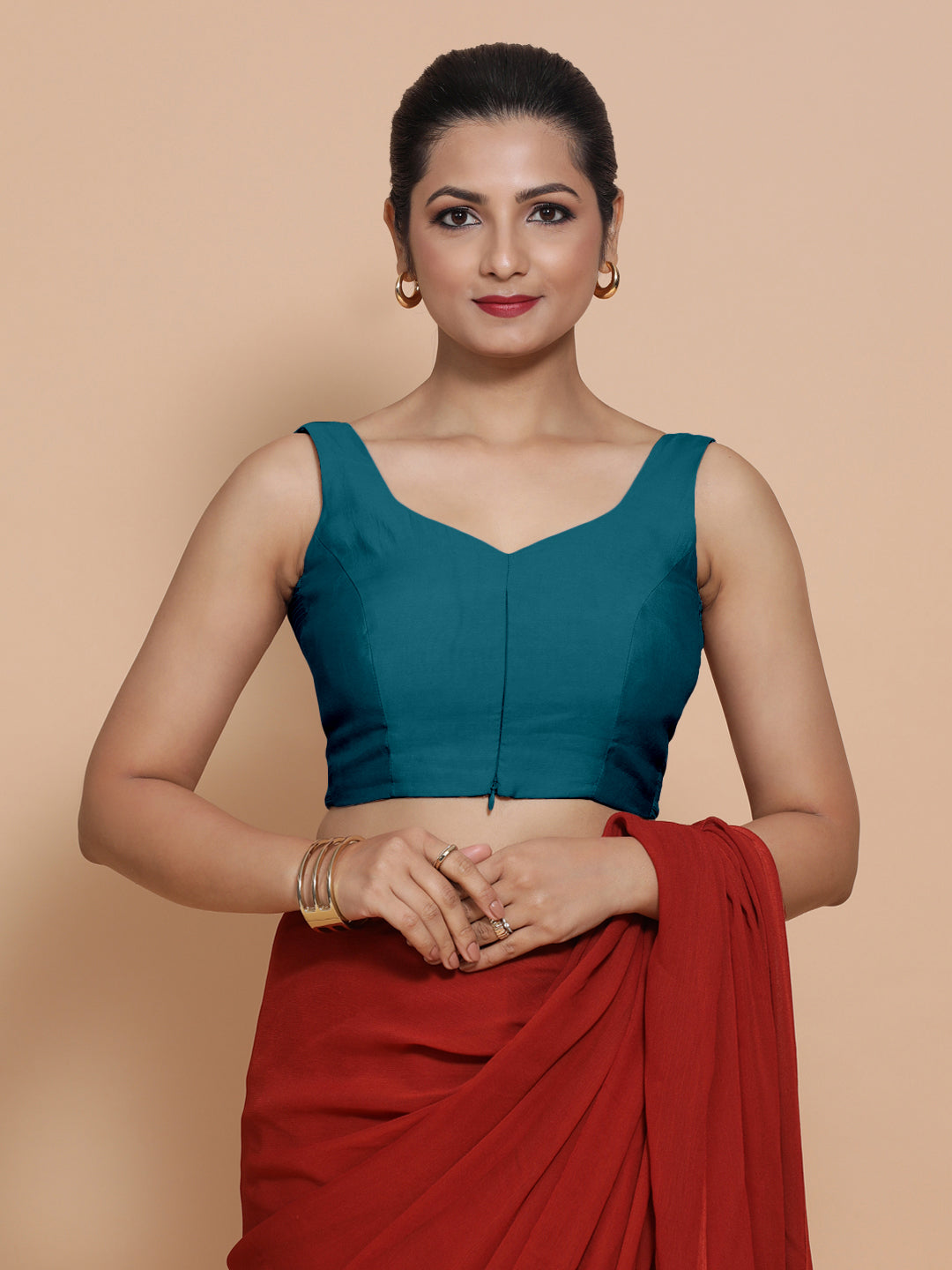 Nitya x Rozaana Saree Blouse, in Blue Viscose, featuring sleeveless and sweetheart neckline, made for daily & work (view 7).
