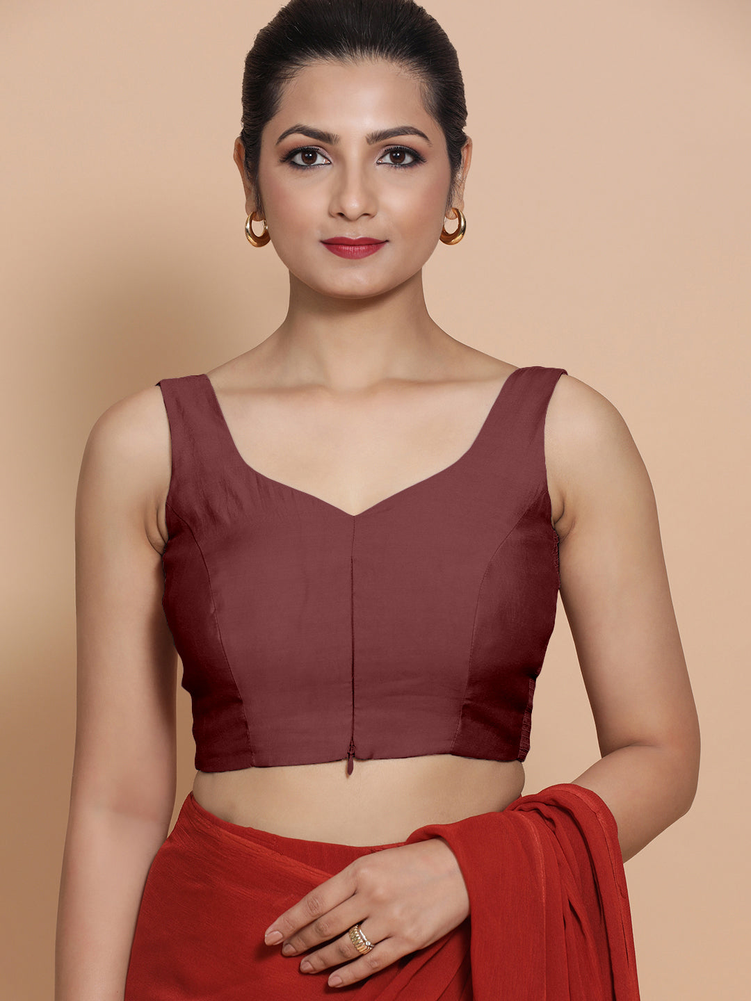 Nitya x Rozaana Saree Blouse, in Maroon Viscose, featuring sleeveless and sweetheart neckline, made for daily & work (view 5).