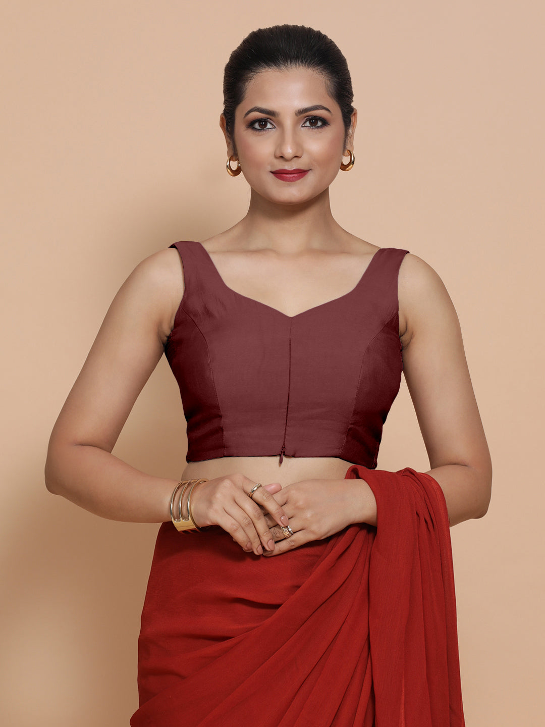 Nitya x Rozaana Saree Blouse, in Maroon Viscose, featuring sleeveless and sweetheart neckline, made for daily & work (view 7).