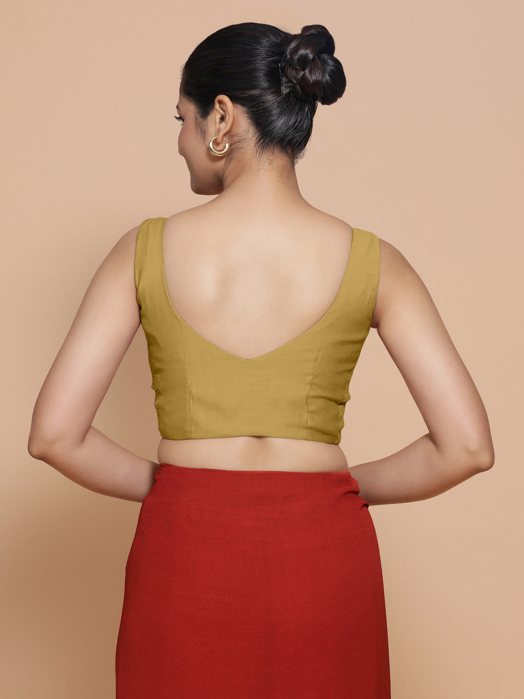 Nitya x Rozaana Saree Blouse, in Yellow Viscose, featuring sleeveless and sweetheart neckline, made for daily & work (view 2).