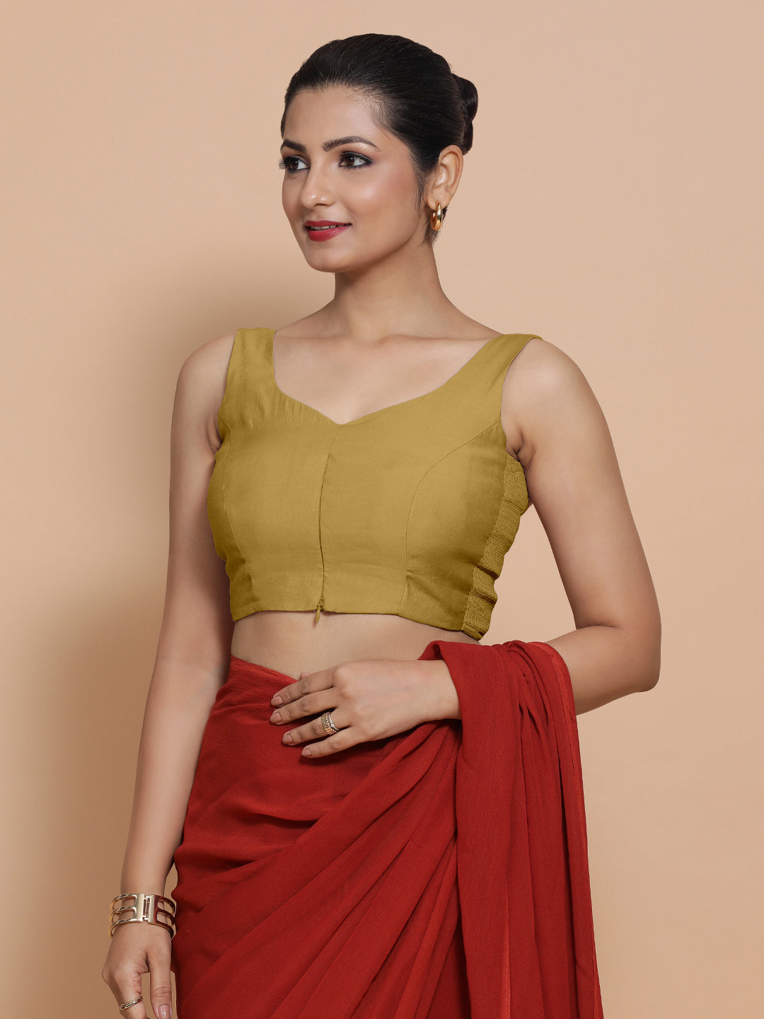 Nitya x Rozaana Saree Blouse, in Yellow Viscose, featuring sleeveless and sweetheart neckline, made for daily & work (view 6).