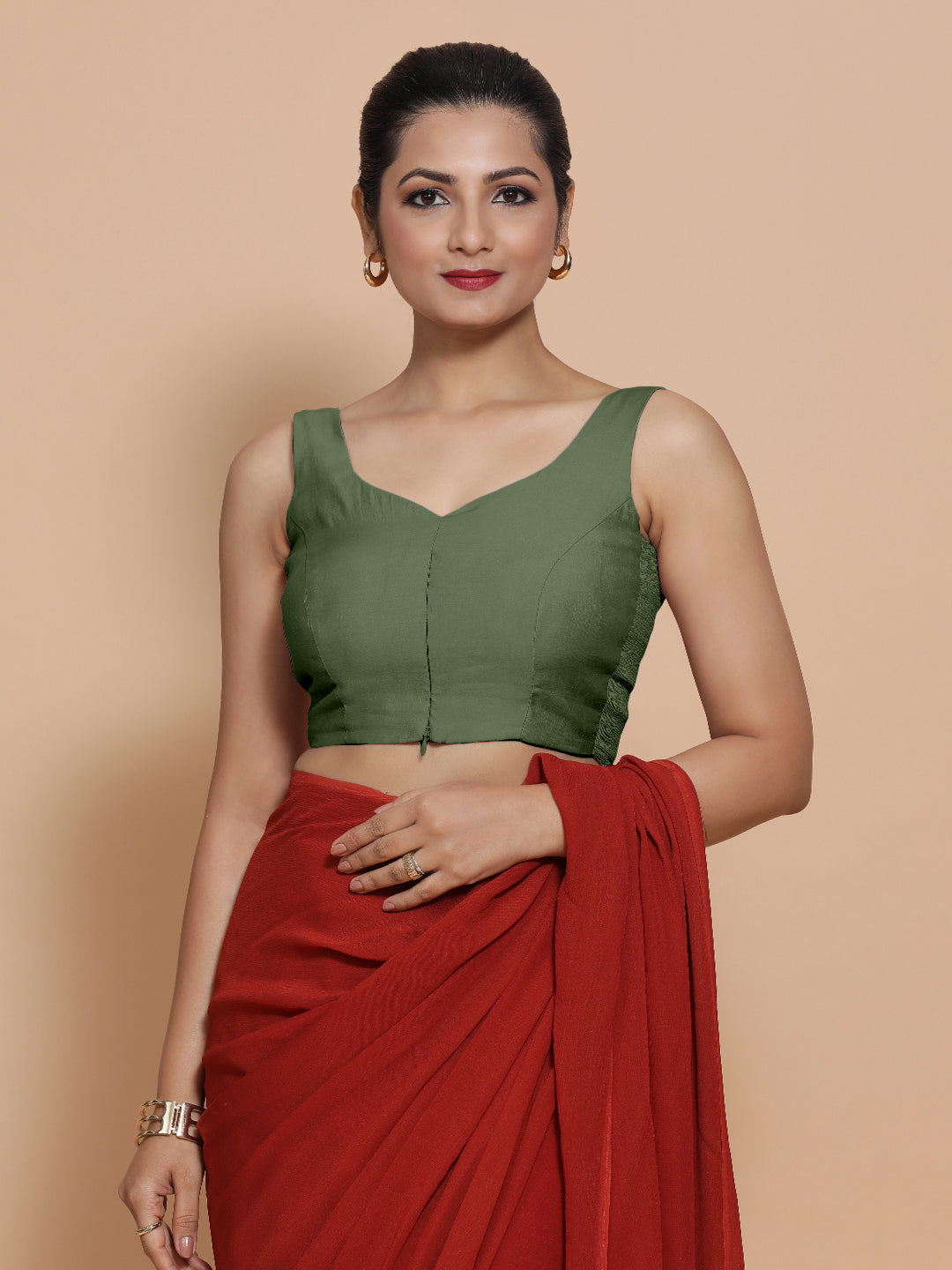 Nitya x Rozaana Saree Blouse, in Green Viscose, featuring sleeveless and sweetheart neckline, made for daily & work.