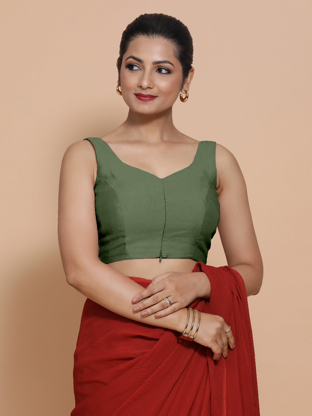 Nitya x Rozaana Saree Blouse, in Green Viscose, featuring sleeveless and sweetheart neckline, made for daily & work (view 7).