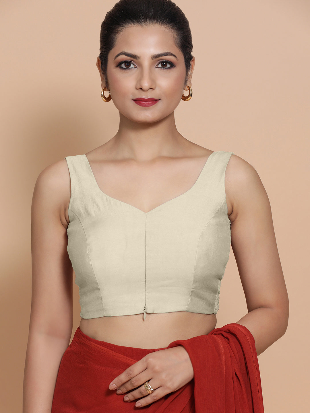 Nitya x Rozaana Saree Blouse, in Cream Viscose, featuring sleeveless and sweetheart neckline, made for daily & work (view 5).