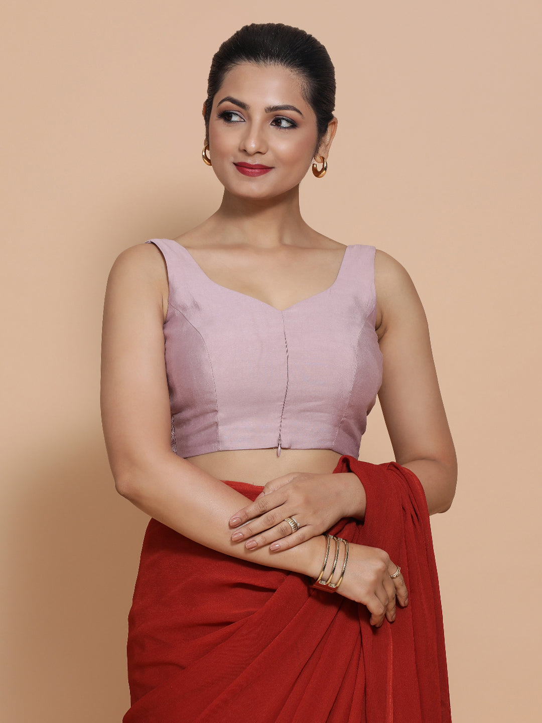 Nitya x Rozaana Saree Blouse, in Purple Viscose, featuring sleeveless and sweetheart neckline, made for daily & work (view 4).