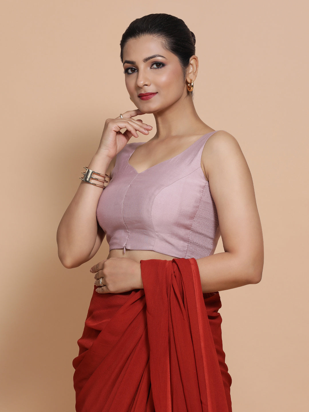 Nitya x Rozaana Saree Blouse, in Purple Viscose, featuring sleeveless and sweetheart neckline, made for daily & work (view 6).