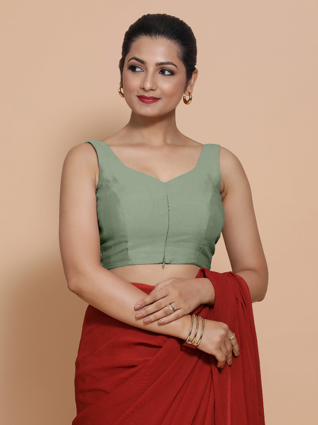 Nitya x Rozaana Saree Blouse, in Green Viscose, featuring sleeveless and sweetheart neckline, made for daily & work (view 7).