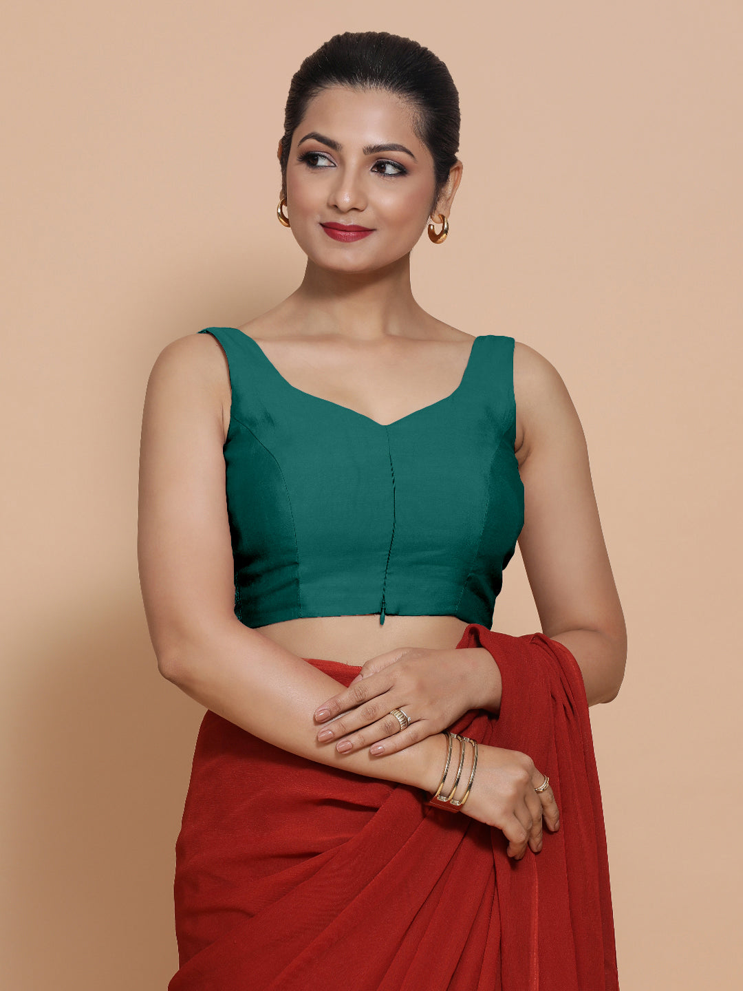 Nitya x Rozaana Saree Blouse, in Green Viscose, featuring sleeveless and sweetheart neckline, made for daily & work (view 7).