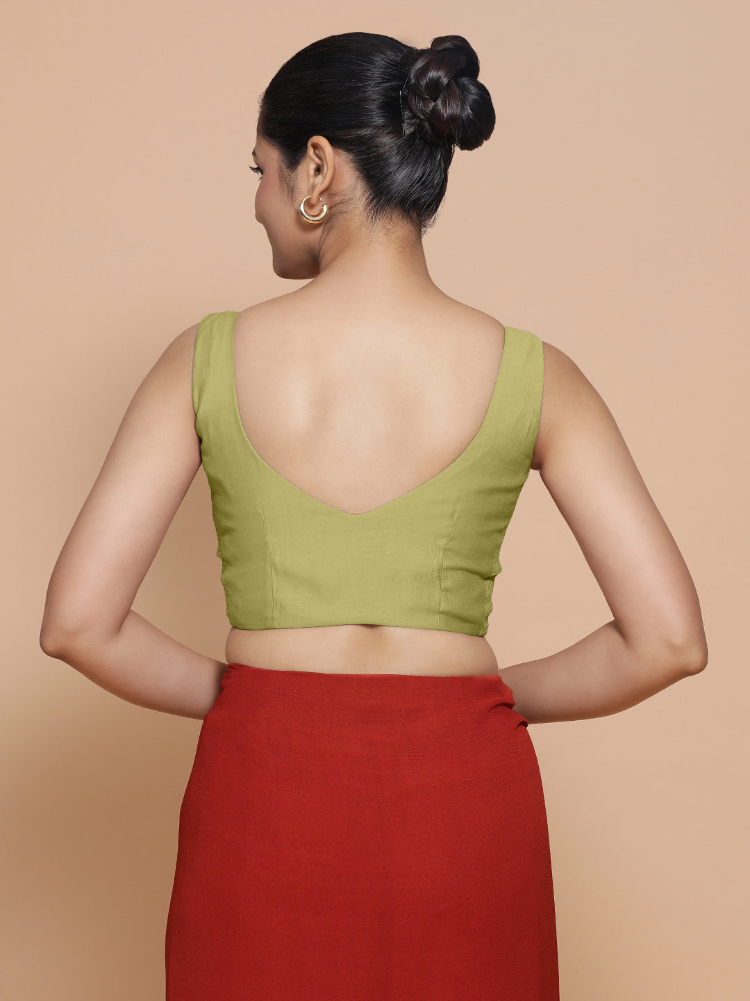 Nitya x Rozaana Saree Blouse, in Green Viscose, featuring sleeveless and curved v-neckline, made for daily & work (view 2).