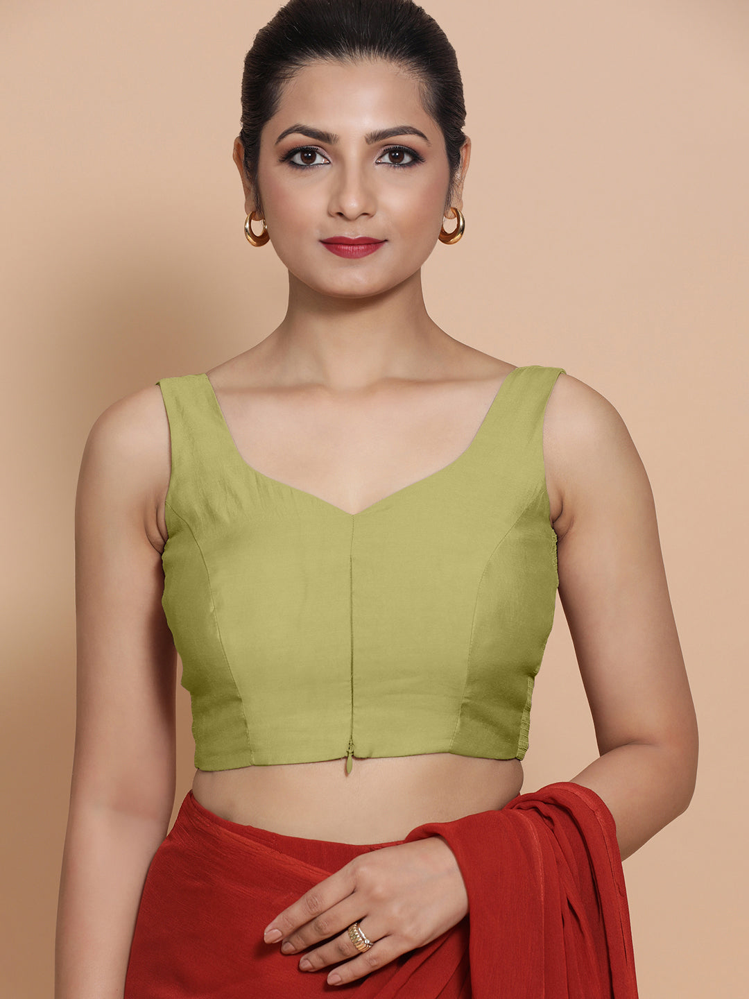 Nitya x Rozaana Saree Blouse, in Green Viscose, featuring sleeveless and curved v-neckline, made for daily & work (view 5).