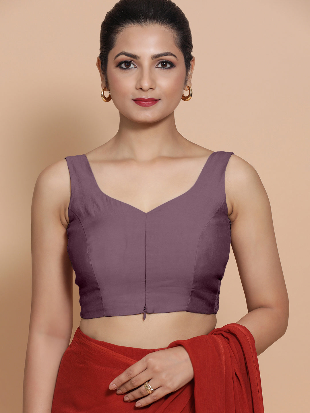 Nitya x Rozaana Saree Blouse, in Purple Viscose, featuring sleeveless and sweetheart neckline, made for daily & work (view 5).
