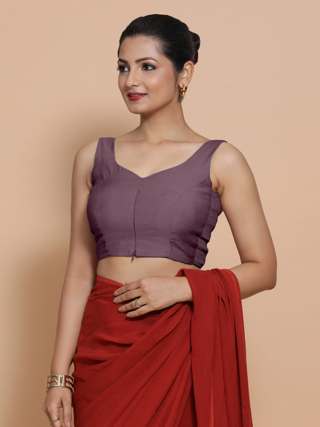 Nitya x Rozaana Saree Blouse, in Purple Viscose, featuring sleeveless and sweetheart neckline, made for daily & work (view 6).