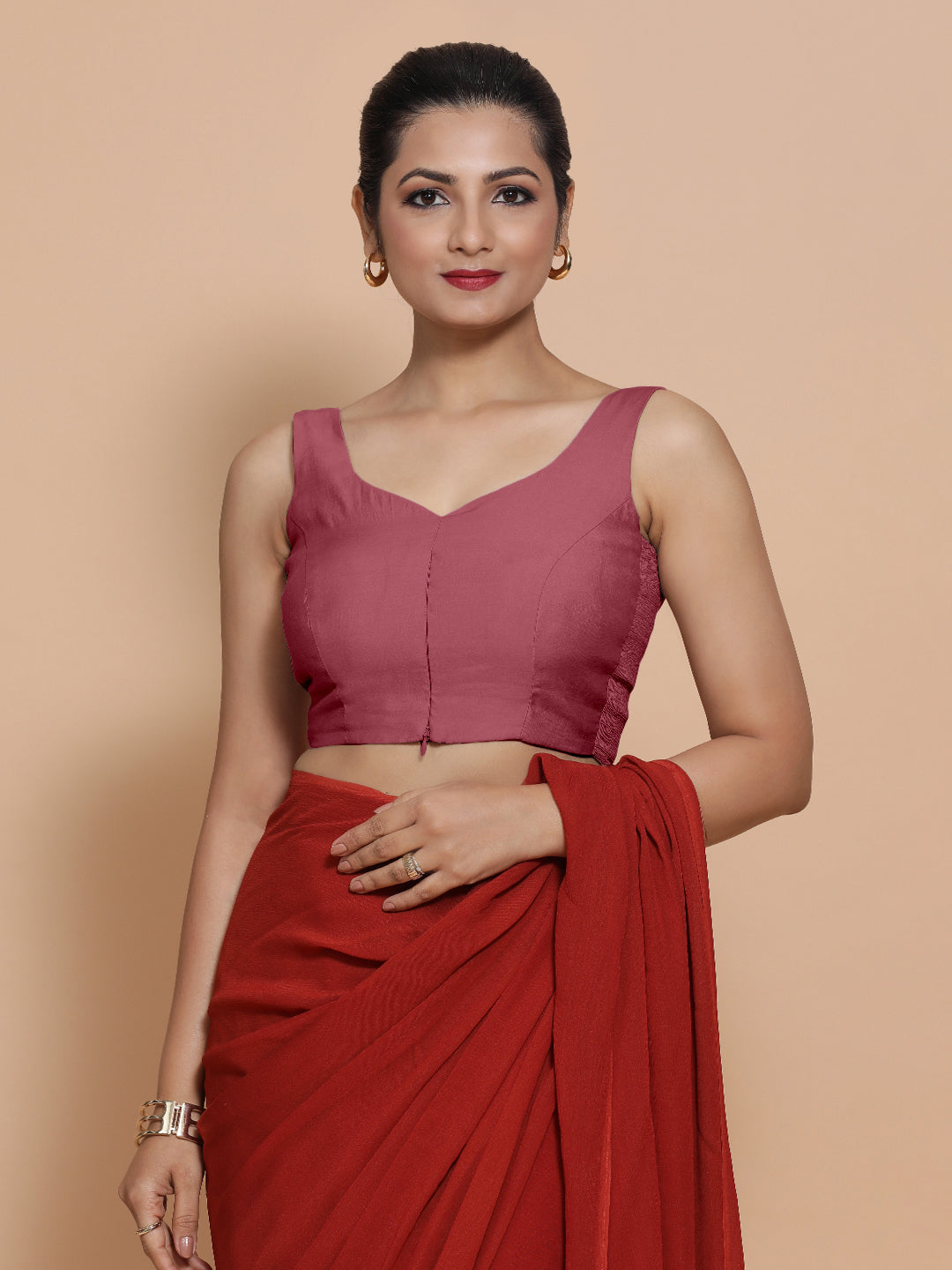 Nitya x Rozaana Saree Blouse, in Pink Viscose, featuring sleeveless and sweetheart neckline, made for daily & work (view 7).