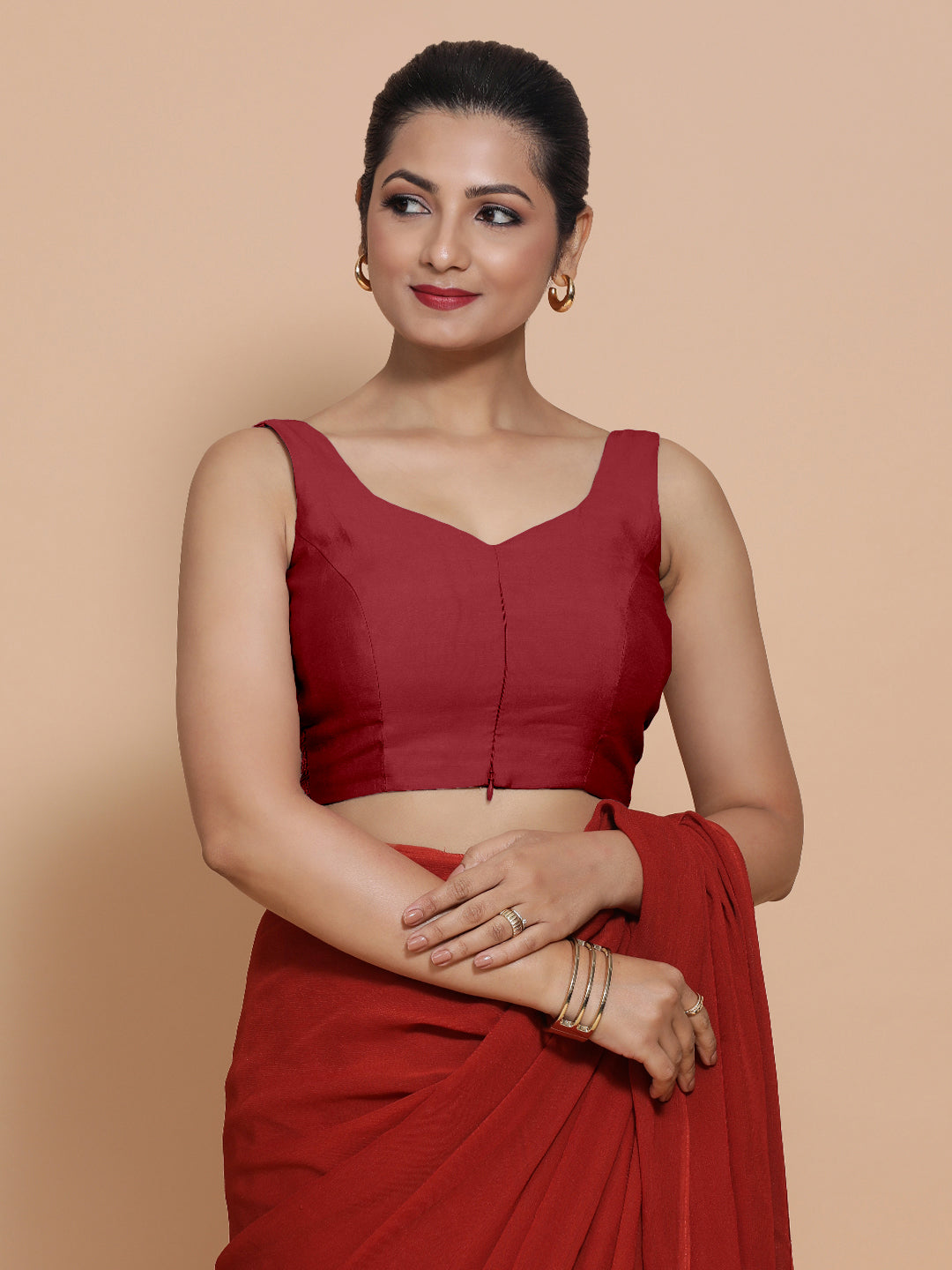 Nitya x Rozaana Saree Blouse, in Red Viscose, featuring sleeveless and sweetheart neckline, made for daily & work.