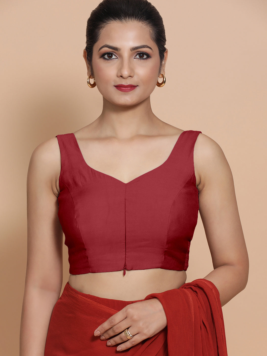 Nitya x Rozaana Saree Blouse, in Red Viscose, featuring sleeveless and sweetheart neckline, made for daily & work (view 5).
