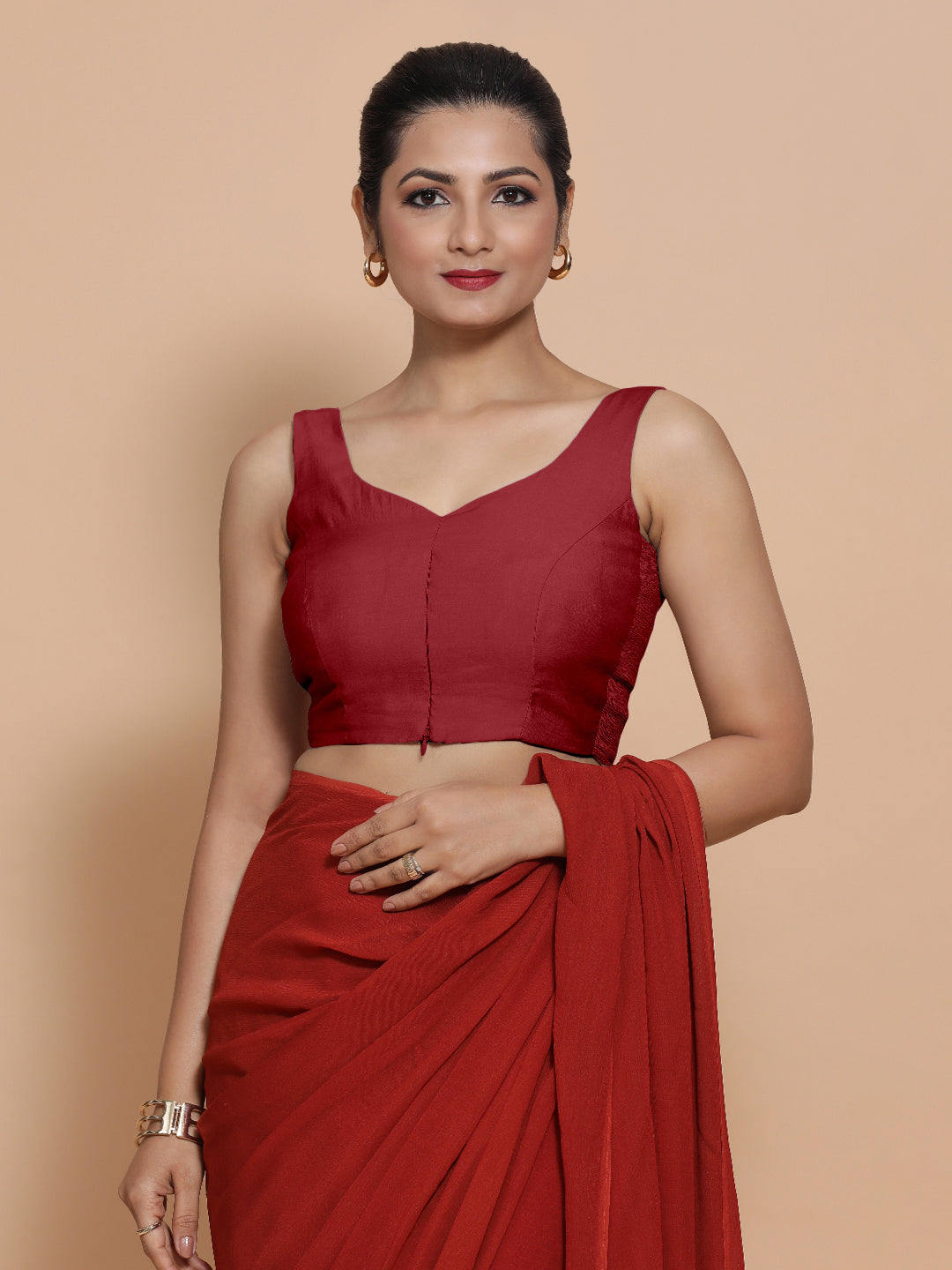Nitya x Rozaana Saree Blouse, in Red Viscose, featuring sleeveless and sweetheart neckline, made for daily & work (view 7).