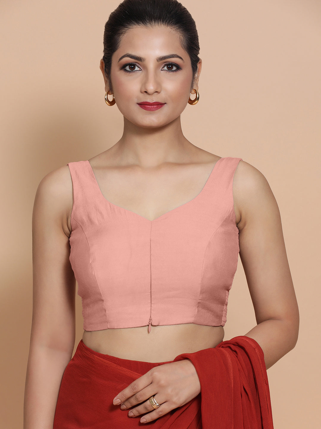 Nitya x Rozaana Saree Blouse, in Pink Viscose, featuring sleeveless and sweetheart neckline, made for daily & work (view 5).