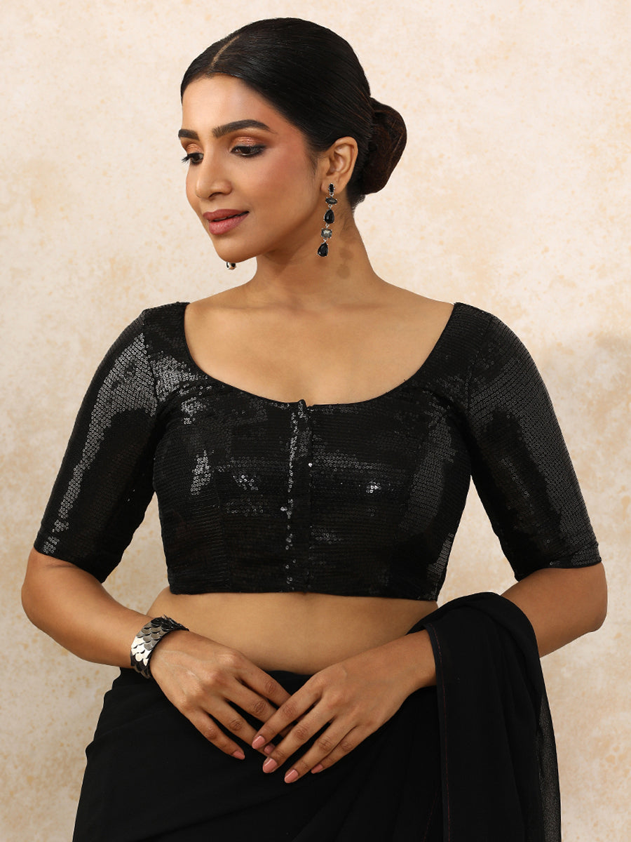 Noreen x Tyohaar Saree Blouse, in Black Sequin Fabric, featuring elbow sleeves and round neckline, made for party & festive.