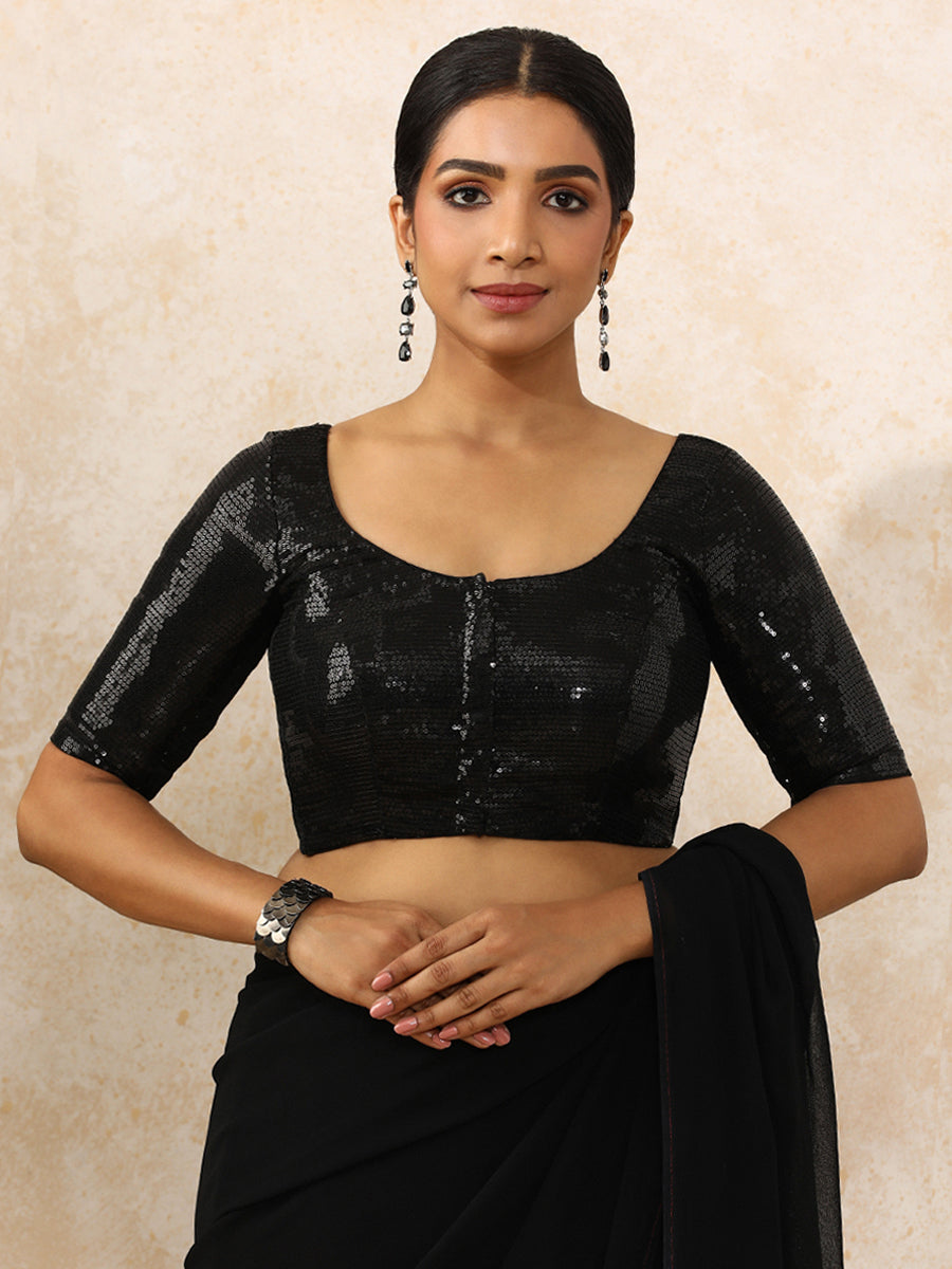 Noreen x Tyohaar Saree Blouse, in Black Sequin Fabric, featuring elbow sleeves and round neckline, made for party & festive.