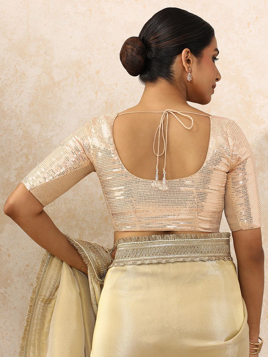 Noreen x Tyohaar Saree Blouse, in Cream Sequin Fabric, featuring elbow sleeves and round neckline, made for party & festive.