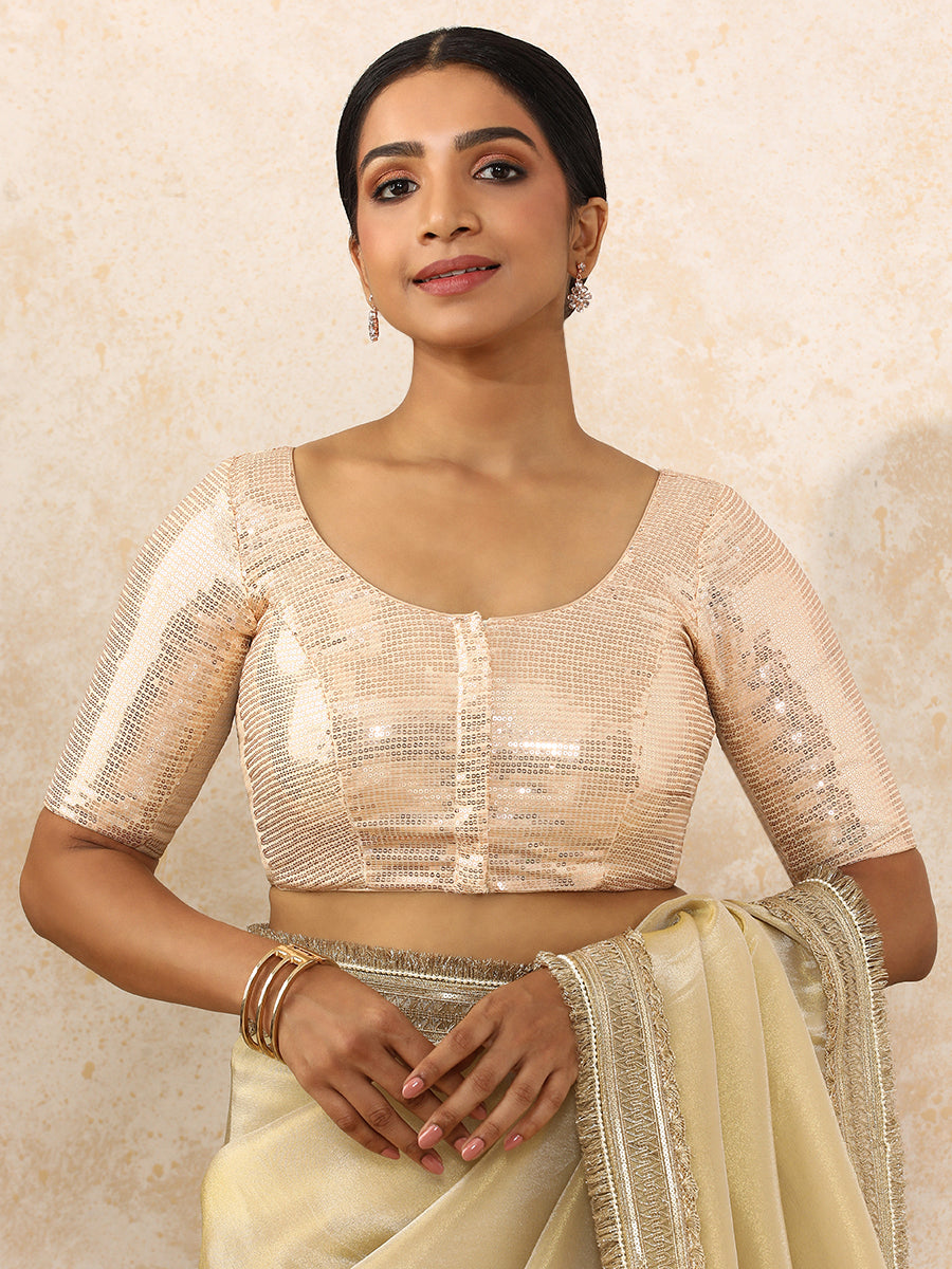 Noreen x Tyohaar Saree Blouse, in Cream Sequin Fabric, featuring elbow sleeves and round neckline, made for party & festive.