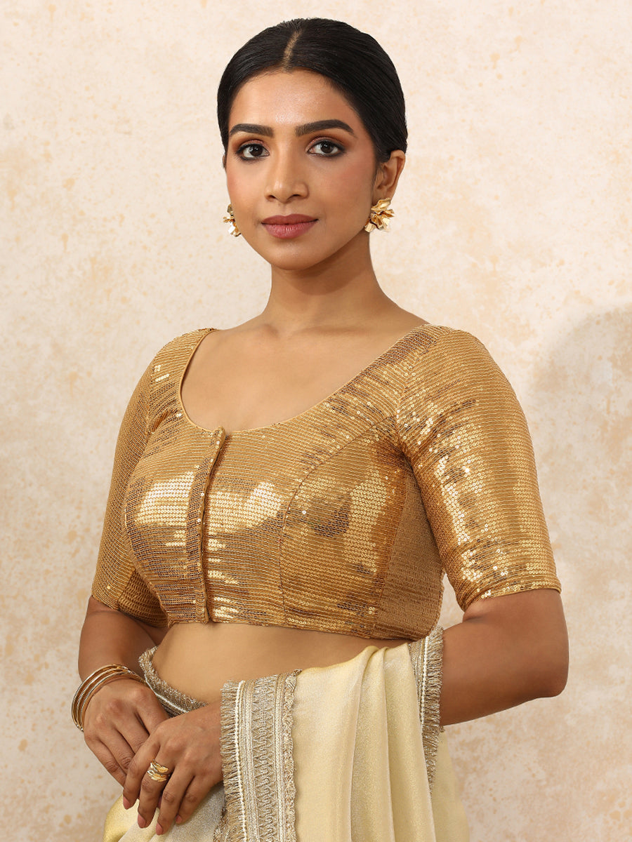 Noreen x Tyohaar | Elbow Sleeves Gold Sequined Saree Blouse with Round Neck