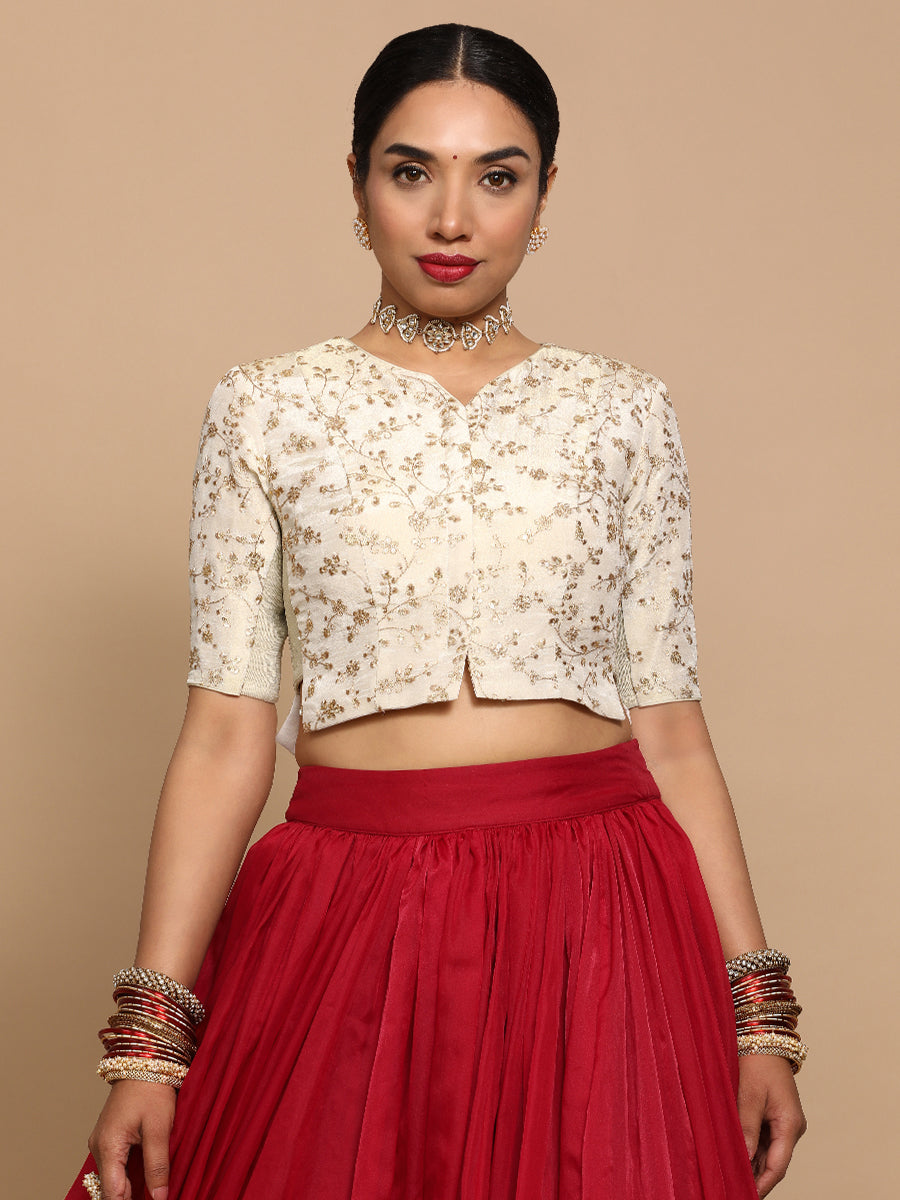 Ojal x Tyohaar Saree Blouse, in Cream Embroidery & Brocade, featuring elbow sleeves and round neckline (view 5).