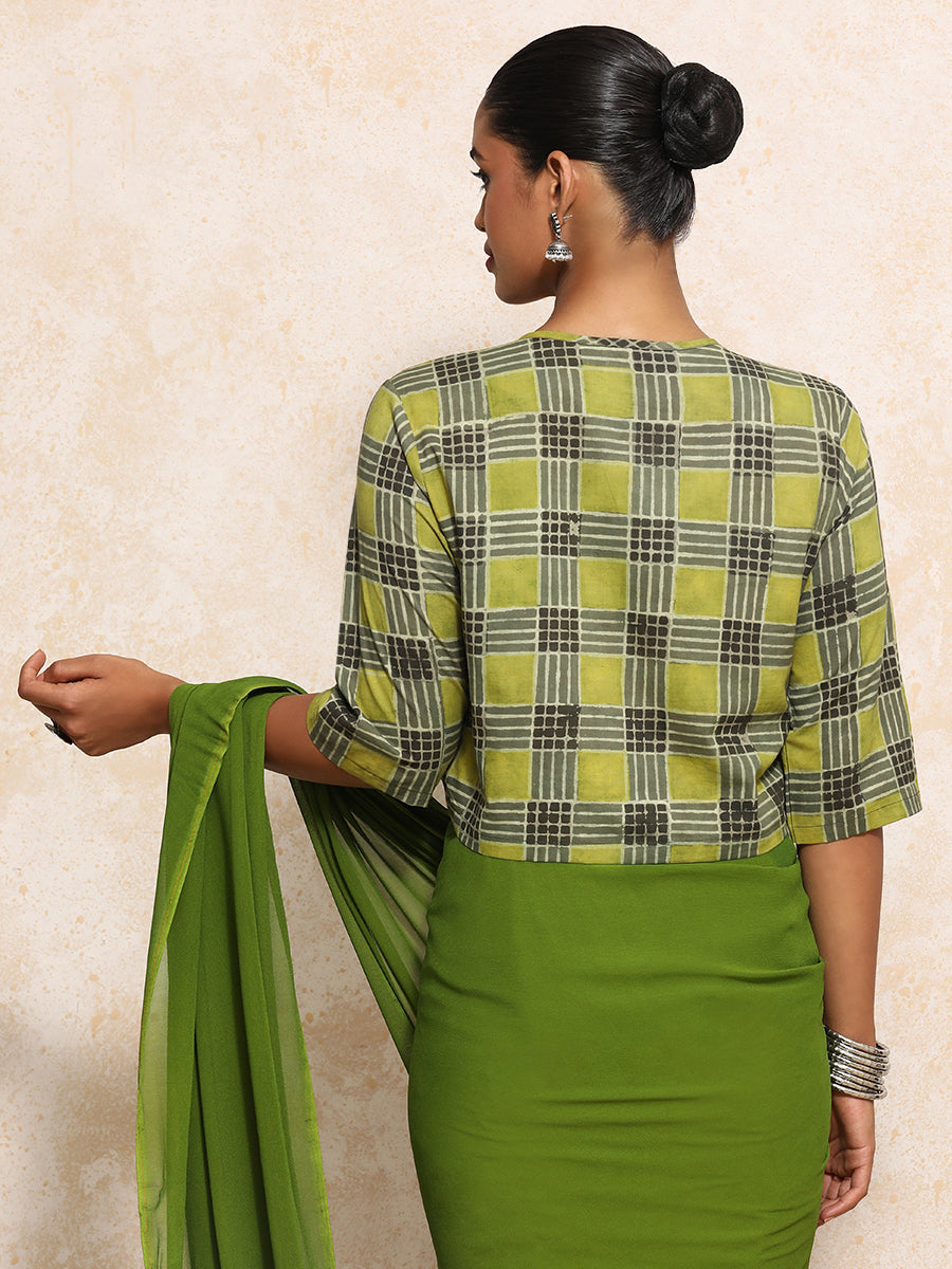 Ojaswini x Rozaana Saree Blouse, in Green 100% Cotton - Block Printed, featuring elbow sleeves and jewel neckline (view 2).
