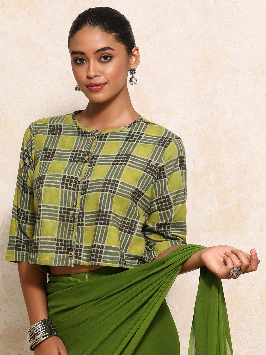 Ojaswini x Rozaana Saree Blouse, in Green 100% Cotton - Block Printed, featuring elbow sleeves and jewel neckline (view 5).