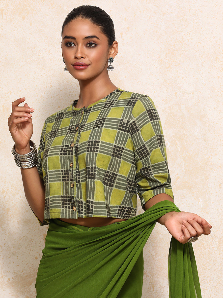 Ojaswini x Rozaana Saree Blouse, in Green 100% Cotton - Block Printed, featuring elbow sleeves and jewel neckline (view 6).