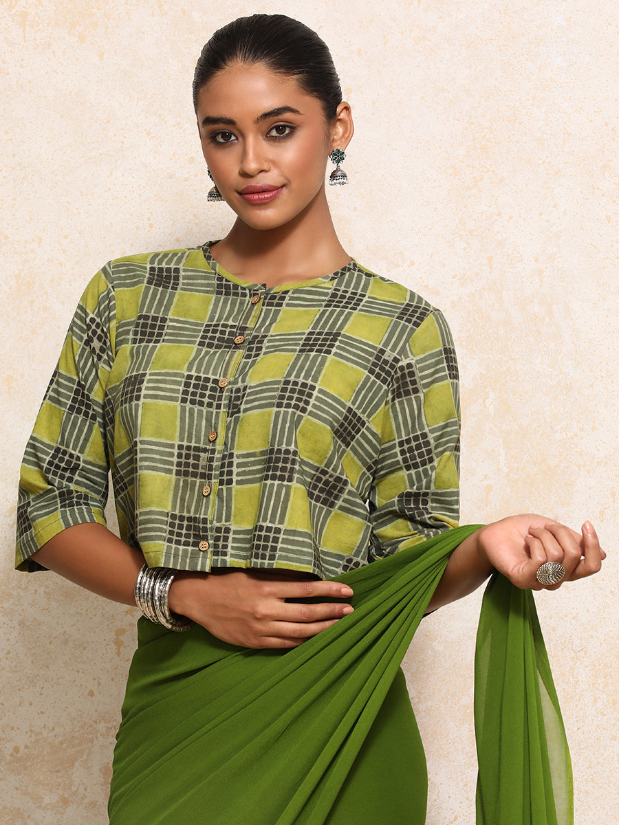 Ojaswini x Rozaana Saree Blouse, in Green 100% Cotton - Block Printed, featuring elbow sleeves and jewel neckline (view 7).