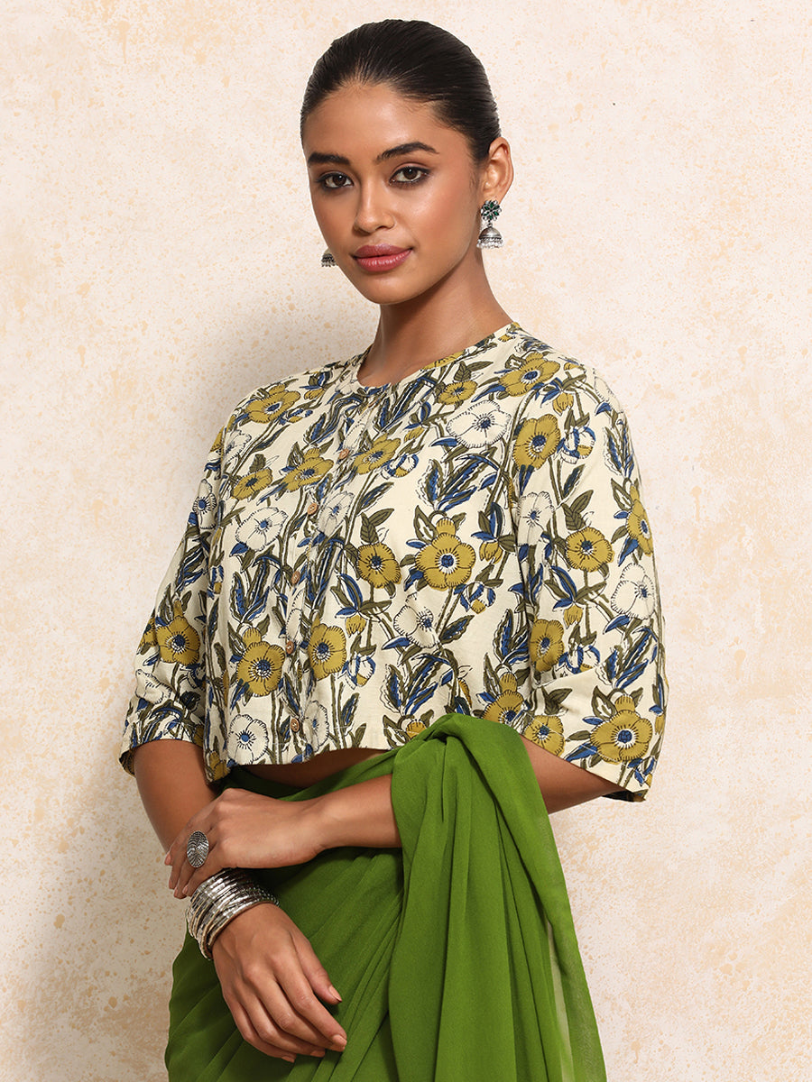 Omisha x Rozaana Saree Blouse, in White 100% Cotton - Block Printed, featuring elbow sleeves and jewel neckline (view 7).