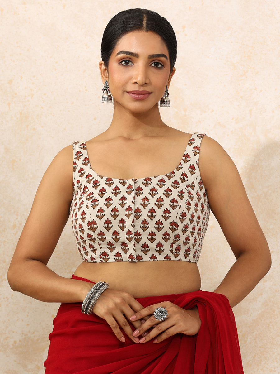 Oorja x Rozaana Saree Blouse, in Cream 100% Cotton - Block Printed, featuring sleeveless and round neckline (view 7).