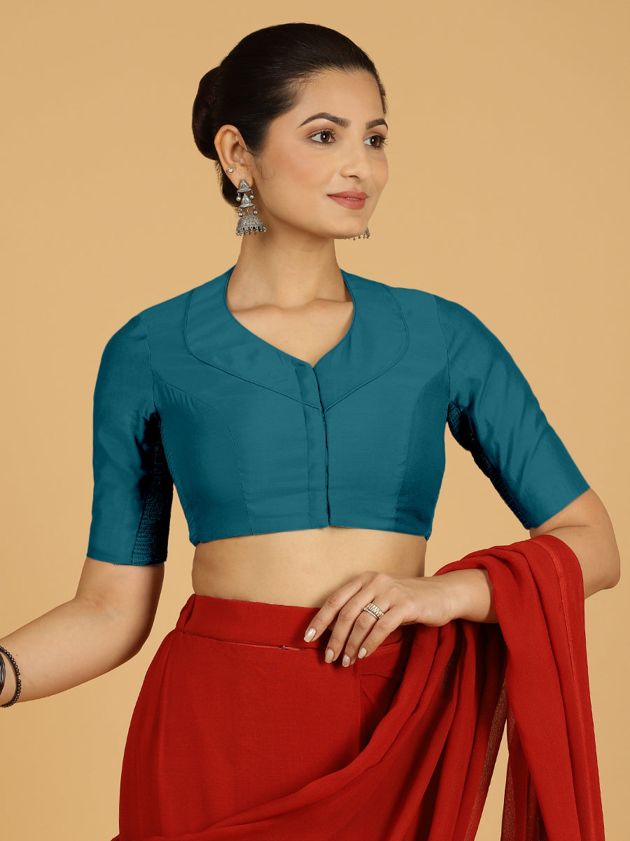 Pallavi x Rozaana Saree Blouse, in Blue Viscose, featuring elbow sleeves and curved v-neckline, made for daily & work (view 6).