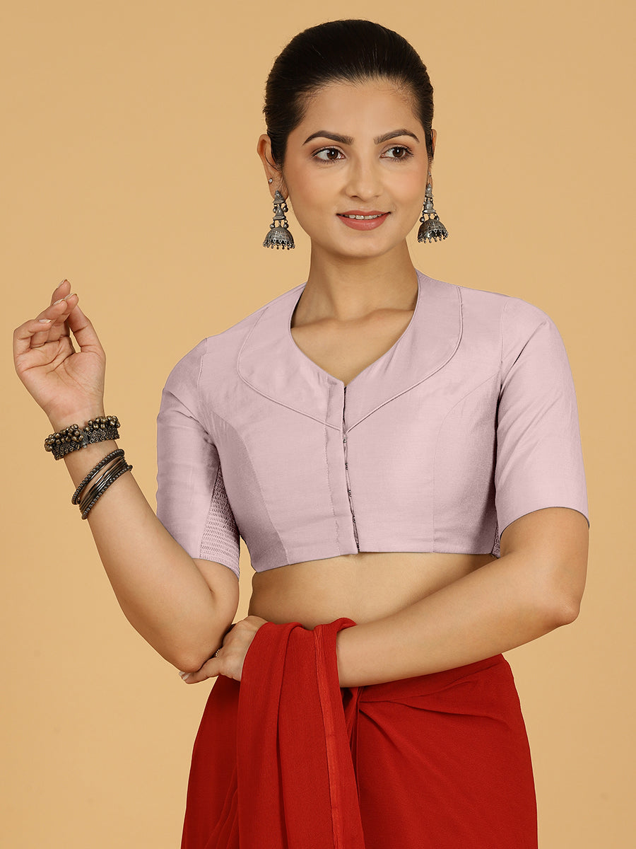 Pallavi x Rozaana Saree Blouse, in Purple Viscose, featuring elbow sleeves and curved v-neckline, made for daily & work.