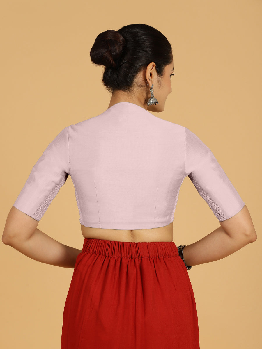 Pallavi x Rozaana Saree Blouse, in Purple Viscose, featuring elbow sleeves and curved v-neckline, made for daily & work.