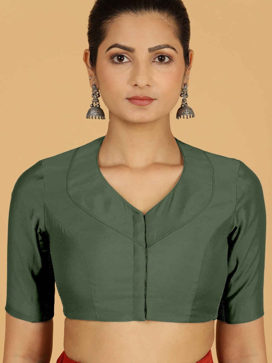 Pallavi x Rozaana Saree Blouse, in Green Viscose, featuring elbow sleeves and curved v-neckline, made for daily & work (view 5).