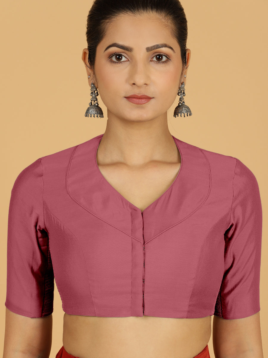 Pallavi x Rozaana Saree Blouse, in Pink Viscose, featuring elbow sleeves and curved v-neckline, made for daily & work (view 5).