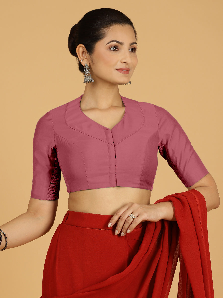 Pallavi x Rozaana Saree Blouse, in Pink Viscose, featuring elbow sleeves and curved v-neckline, made for daily & work (view 6).