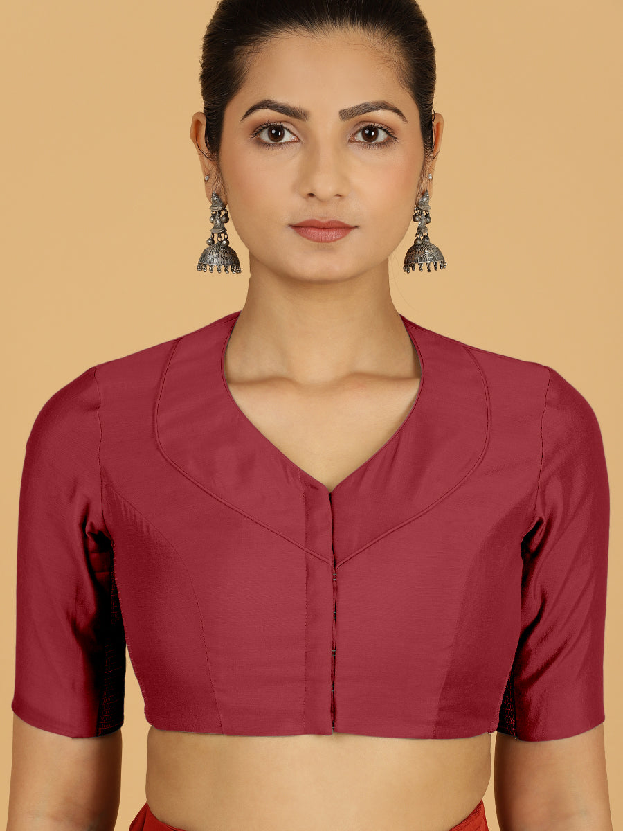 Pallavi x Rozaana Saree Blouse, in Red Viscose, featuring elbow sleeves and curved v-neckline, made for daily & work (view 5).