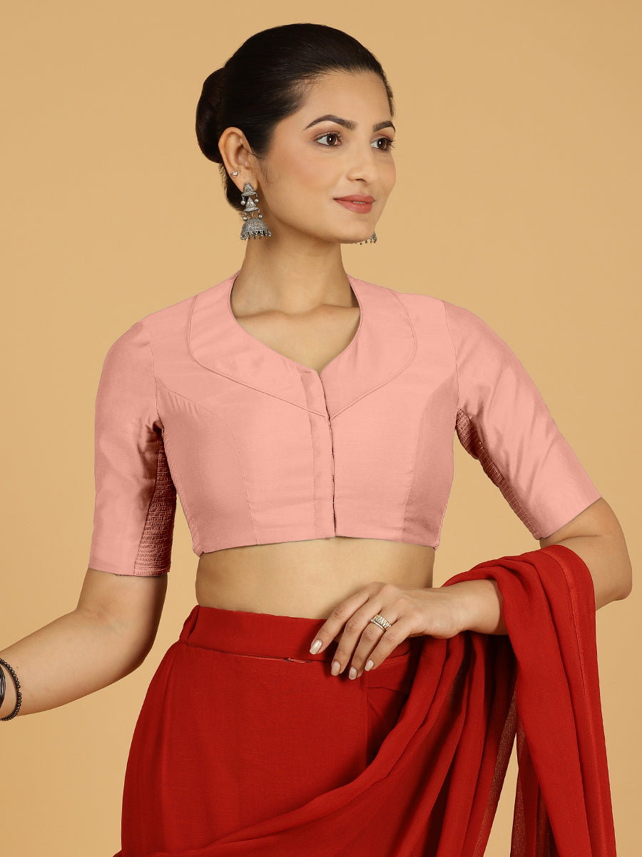 Pallavi x Rozaana Saree Blouse, in Pink Viscose, featuring elbow sleeves and curved v-neckline, made for daily & work (view 6).